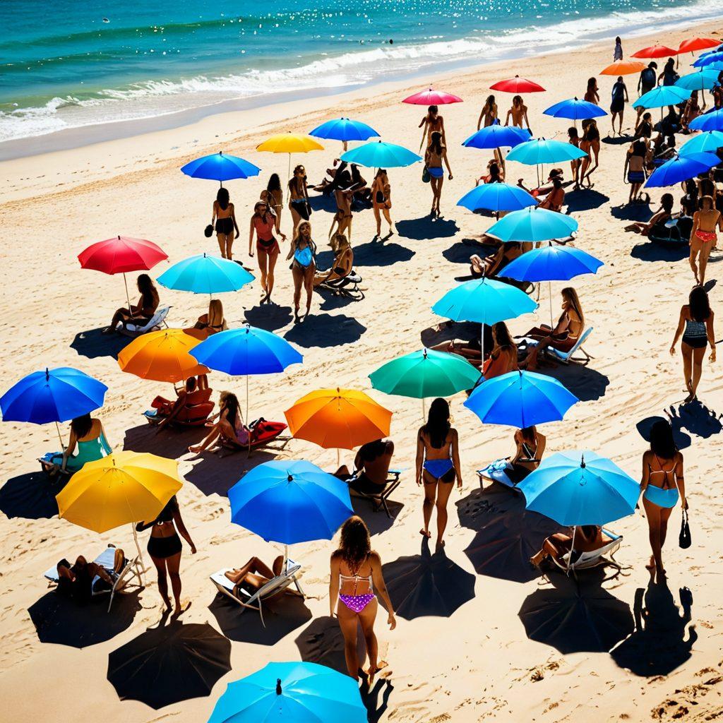 A fashionable beach scene featuring diverse models showcasing chic bikinis and sensual beachwear, surrounded by sunlit sand, vibrant beach umbrellas, and stylish accessories. Soft ocean waves and a clear blue sky add to the allure. Highlight the textures and colors of the fabrics, emphasizing trends in beach fashion. Captivating, inviting atmosphere. super-realistic. vibrant colors. bright background.